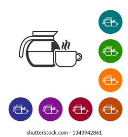 Grey Coffee pot with cup line icon isolated on white background. Vector Illustration