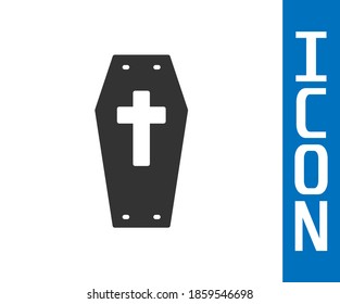 Grey Coffin with christian cross icon isolated on white background. Happy Halloween party.  Vector
