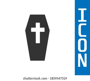 Grey Coffin with christian cross icon isolated on white background. Happy Halloween party.  Vector