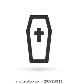 Grey Coffin with christian cross icon isolated on white background. Happy Halloween party.  Vector