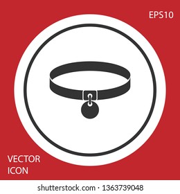 Grey Collar with name tag icon isolated on red background. Simple supplies for domestic animal. Cat and dog care. Pet chains. White circle button. Vector Illustration
