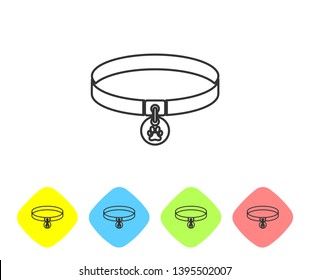 Grey Collar with name tag line icon on white background. Supplies for domestic animal. Dog or cat paw print. Cat and dog care. Pet chains. Set icon in color rhombus buttons. Vector Illustration