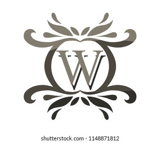 grey color beautiful luxury classic vintage swirl or floral border logo design template with initial name of business company on it type letter w