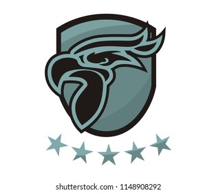 grey color eagle head line art silhouette shape like tattoo logo design illustration for sport team need, like football, baseball, soccer, basketball, hockey with shield and star on background