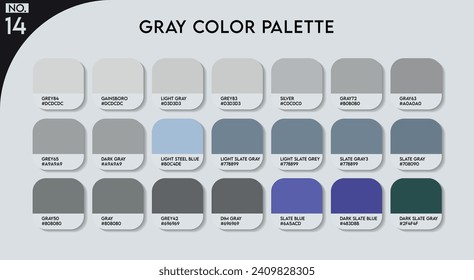 Grey Color Guide Palette with Color Names. Catalog Samples Grey with RGB HEX codes and Names. Metal Colors Palette Vector, Wood and Plastic Purple Color Palette, Fashion Trend Grey Color Palette