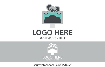 Grey Color Koala with Monitor Laptop Tech Logo Design