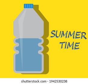 Grey color plastic water bottle with blue cap and text Summer time. Isolated on yellow background. Summer concept