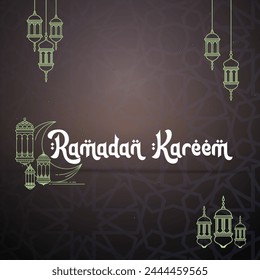 Grey color Ramadan Kareem vector illustration. Ramadan Kareem typograpghy. Greeting card with arabic hanging lantern.  Holy month of muslim. Symbol of Islam. Floral Applique Design. Editable. EPS 10