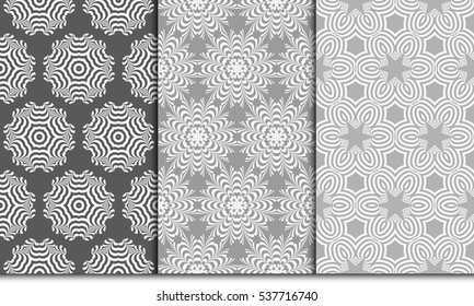 grey color seamless psyhodelic floral pattern set. vector illustration. for design, wallpaper, invitation
