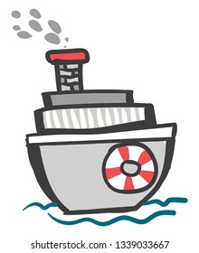 Grey color steam sheep with red chimney and life preserver on water vector color drawing or illustration 