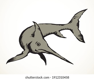 Grey color Xiphias broadbills tuna float. Light paper text space backdrop. Freehand linear black ink pen hand drawn zoo object picture design. Art retro pencil doodle engrave print style. Closeup view