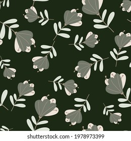 Grey colored abstract flowers random seamless nature pattern. Black background. Doodle style. Stock illustration. Vector design for textile, fabric, giftwrap, wallpapers.