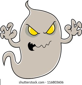 A grey colored ghost with yellow eyes floats in the air with its arms raised as it haunts the house and tries to scare people