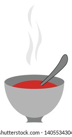 A grey colored giant bowl made out clay is filled and hot steaming red soup prepared by boiling meat  fish  vegetables  vector  color drawing illustration  