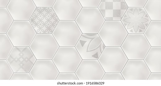 Grey colored hexagon ceramic tiles. Modern seamless pattern, hexagon ceramic tiles with damaged geometric texture. 