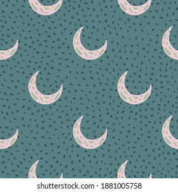 Grey colored islam moon ornament seamless pattern. Traditional symbol on turquoise dotted background. Great for fabric design, textile print, wrapping, cover. Vector illustration.