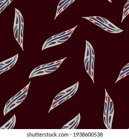 Graufarbene Blätter nahtloses Muster in doodle einfachem Stil. Dunkler Maronhintergrund. Zufallsdruck. Dekorativer Hintergrund für Stoffdesign, Stoffdruck, Umhüllung, Abdeckung. Vektorgrafik