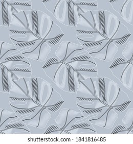 Grey colored monstera elements seamless doodle pattern in pale tones. Simple botanic tropical backdrop. Abstract style. Great for fabric design, textile print, wrapping, cover. Vector illustration.