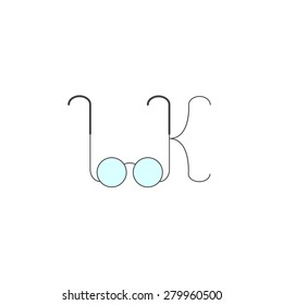 Grey colored old-fashioned glasses with blue lenses in shape of look lettering isolated on white background. Logo template, design element