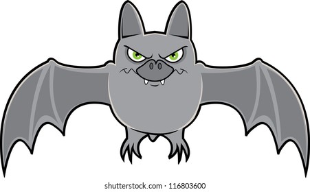 A grey colored vampire bat spreading its wings and shows its fangs
