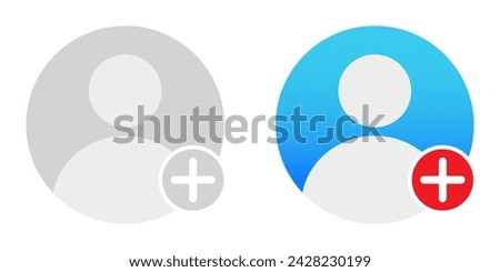 Grey and colorful avatar with plus icon. Add photo, content, personal account, user, identity verification, blog, blogger, social network, influencer, video, story, media, reel. Vector illustration