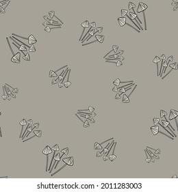 Grey colors abstract seamless pattern with hand drawn random psilocybe semilanceata mushroom print. Stock illustration. Vector design for textile, fabric, giftwrap, wallpapers.