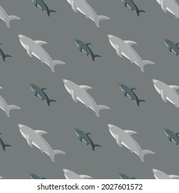 Grey colors seamless animal pattern with doodle simple style shark ornament. Nature doodle backdrop. Designed for fabric design, textile print, wrapping, cover. Vector illustration.