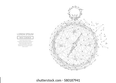 Grey compass with polygon line on abstract background. Polygonal space low poly with connecting dots and lines. Connection structure. Vector science background.