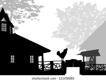 grey composition with country houses and cock