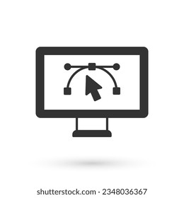 Grey Computer display with vector design program icon isolated on isolated on white background. Photo editor software with user interface.  Vector