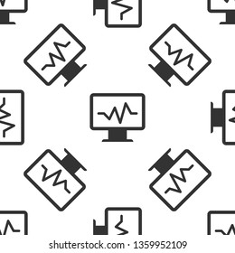 Grey Computer monitor with cardiogram icon isolated seamless pattern on white background. Monitoring icon. ECG monitor with heart beat hand drawn. Vector Illustration