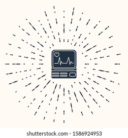 Grey Computer monitor with cardiogram icon isolated on beige background. Monitoring icon. ECG monitor with heart beat hand drawn. Abstract circle random dots. Vector Illustration