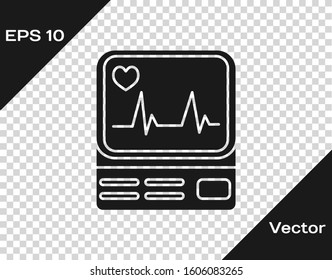 Grey Computer monitor with cardiogram icon isolated on transparent background. Monitoring icon. ECG monitor with heart beat hand drawn.  Vector Illustration
