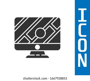 Grey Computer monitor and folded map with location marker icon isolated on white background.  Vector Illustration