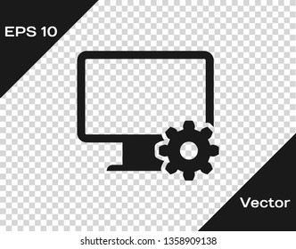 Grey Computer monitor and gear icon isolated on transparent background. Adjusting app, setting options, maintenance, repair, fixing monitor concepts. Vector Illustration