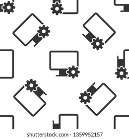 Grey Computer monitor and gear icon isolated seamless pattern on white background. Adjusting app, setting options, maintenance, repair, fixing monitor concepts. Vector Illustration