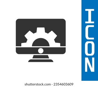 Grey Computer monitor and gear icon isolated on white background. Adjusting, service, setting, maintenance, repair, fixing.  Vector Illustration