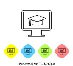 Grey Computer monitor with graduation cap line icon on white background. Online learning or e-learning concept. Internet knowledge symbol. Set icon in color rhombus buttons. Vector Illustration