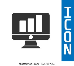 Grey Computer monitor with graph chart icon isolated on white background. Report text file. Accounting sign. Audit, analysis, planning.  Vector Illustration