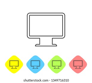 Grey Computer monitor screen line icon isolated on white background. Electronic device. Front view. Set icon in color rhombus buttons. Vector Illustration