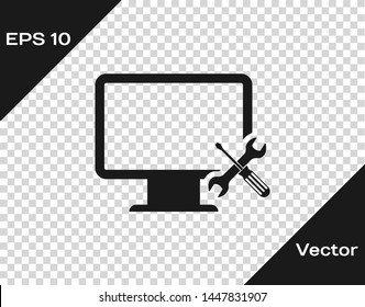 Grey Computer monitor with screwdriver and wrench icon isolated on transparent background. Adjusting, service, setting, maintenance, repair, fixing.  Vector Illustration