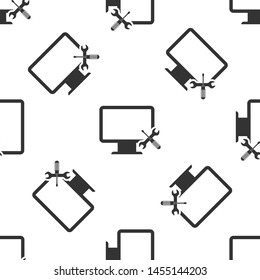 Grey Computer monitor with screwdriver and wrench icon isolated seamless pattern on white background. Adjusting, service, setting, maintenance, repair, fixing.  Vector Illustration