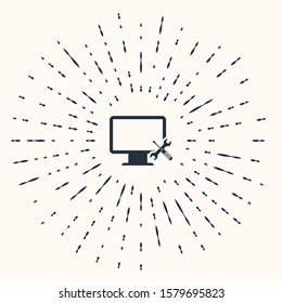 Grey Computer monitor with screwdriver and wrench icon isolated on beige background. Adjusting, service, setting, maintenance, repair, fixing. Abstract circle random dots. Vector Illustration