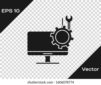 Grey Computer monitor with screwdriver and wrench icon isolated on transparent background. Adjusting, service, setting, maintenance, repair.  Vector Illustration