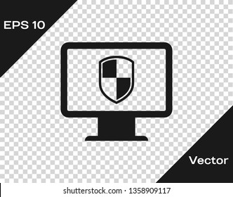 Grey Computer monitor and shield icon isolated on transparent background. Computer security, firewall technology, internet privacy safety or antivirus. Vector Illustration