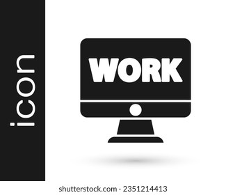 Grey Computer monitor with text work icon isolated on white background.  Vector Illustration