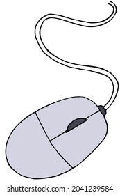 grey computer mouse with wire, color vector illustration in doodle style with black outline