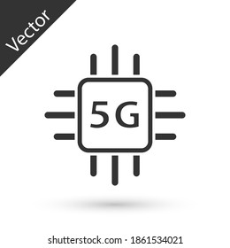 Procesador de computadora gris 5G con microcircuitos icono de CPU aislado en fondo blanco. Chip o cpu con placa de circuito. Microprocesador. Vector.