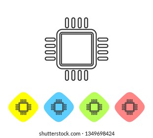 Grey Computer processor with microcircuits CPU line icon isolated on white background. Chip or cpu with circuit board sign. Micro processor. Set icon in color rhombus buttons. Vector Illustration