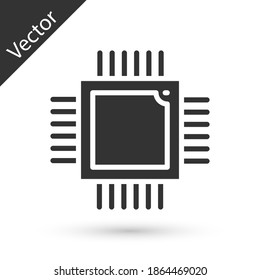 Procesador de computadora gris con microcircuitos icono de CPU aislado en fondo blanco. Chip o cpu con placa de circuito. Microprocesador. Vector.